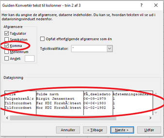 Deltagere - komma til kolonne
